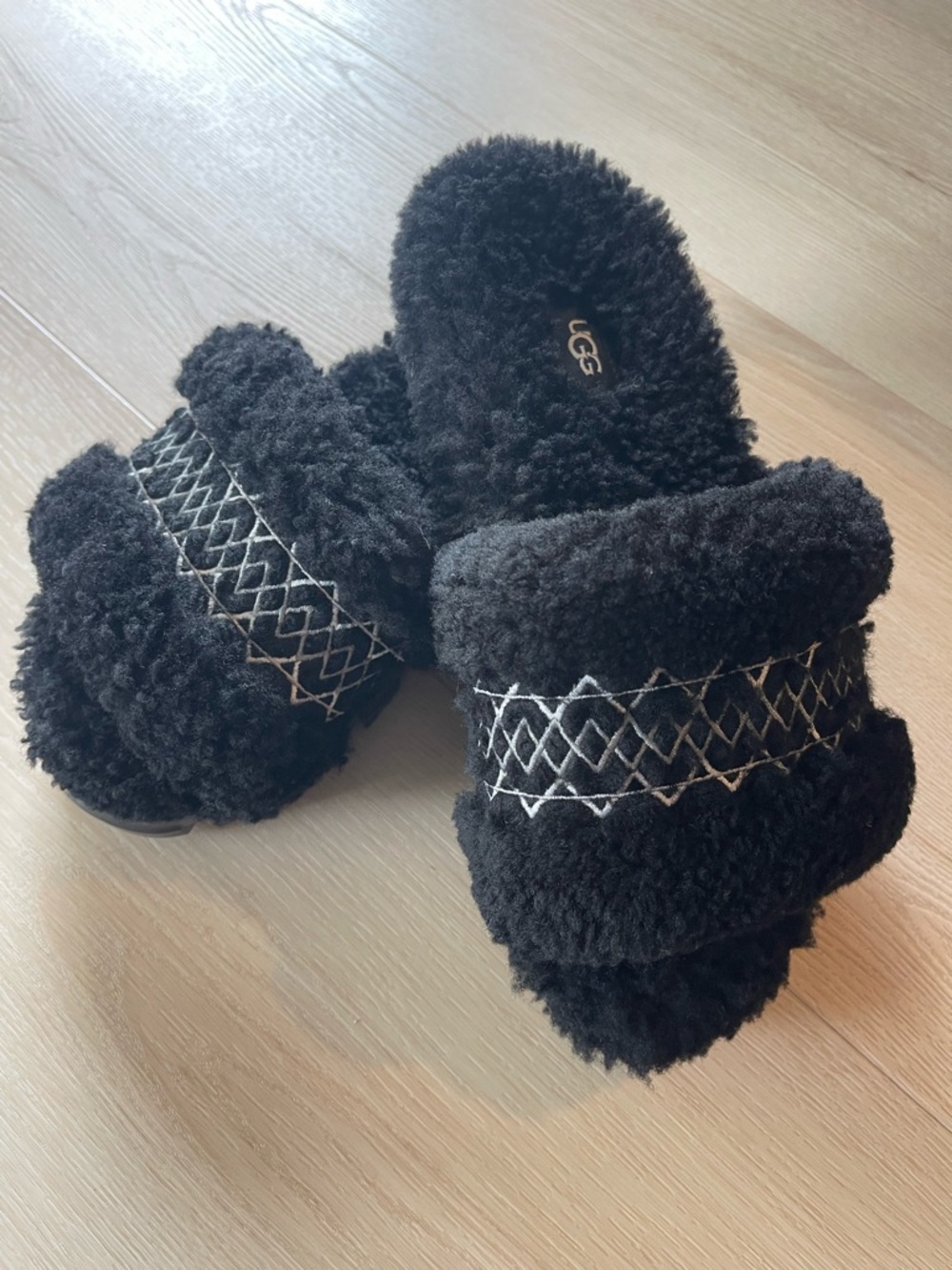 UGG Black Shearling Cozetta Braid Slide Slippers